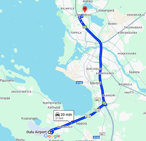 car route from the Oulu airport to the conference venue
